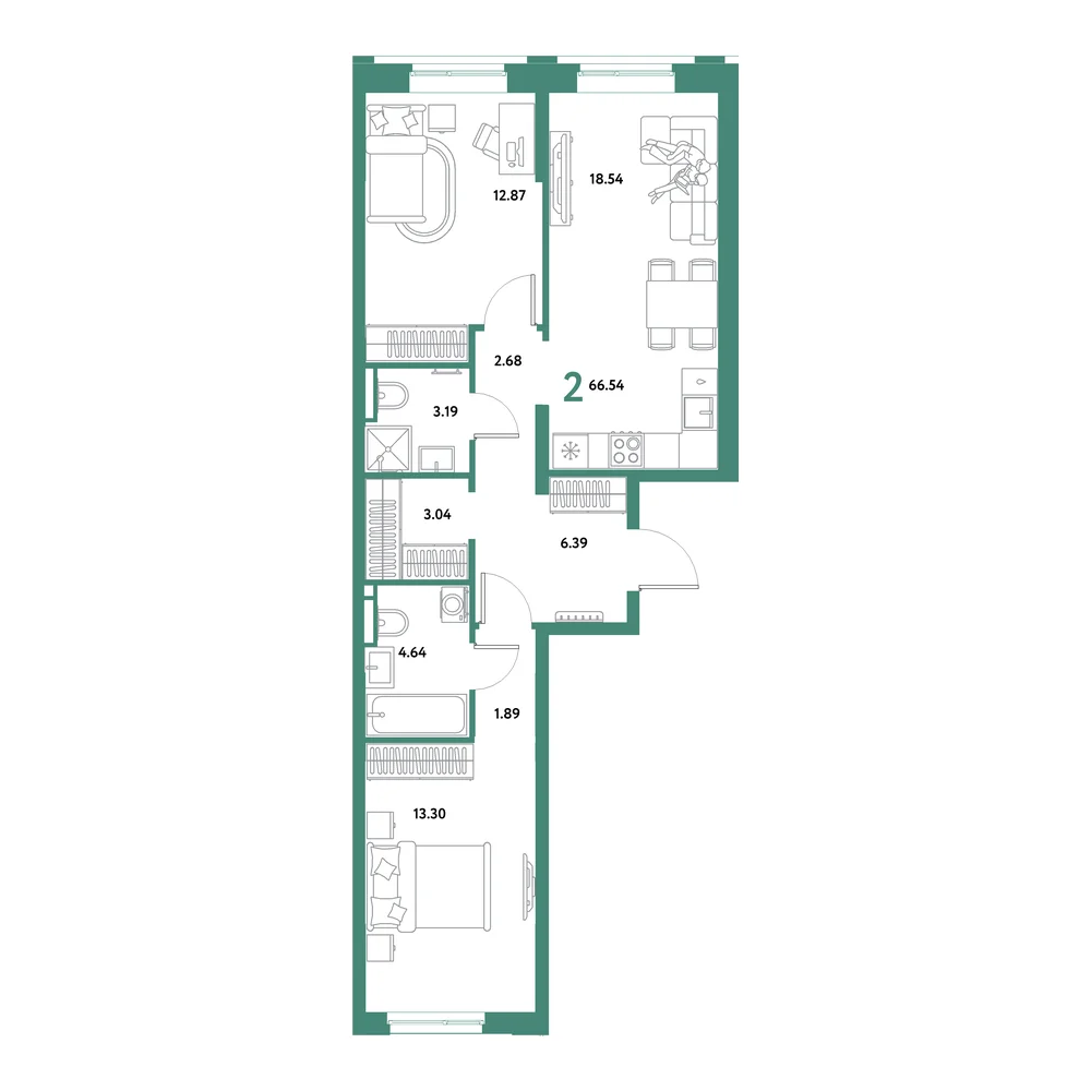 Планировка: Остров-сад 2-комнатная 66,54м²