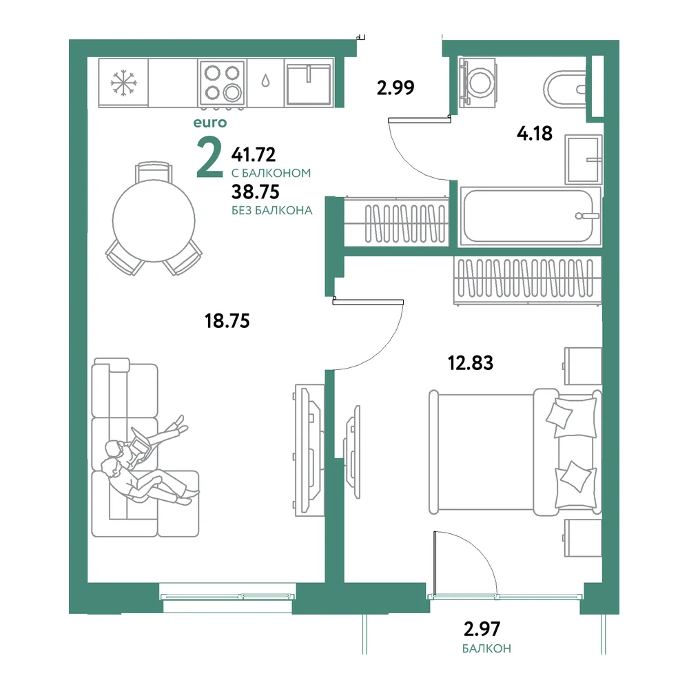 Планировка: Остров-сад 2-комнатная 41,72м²
