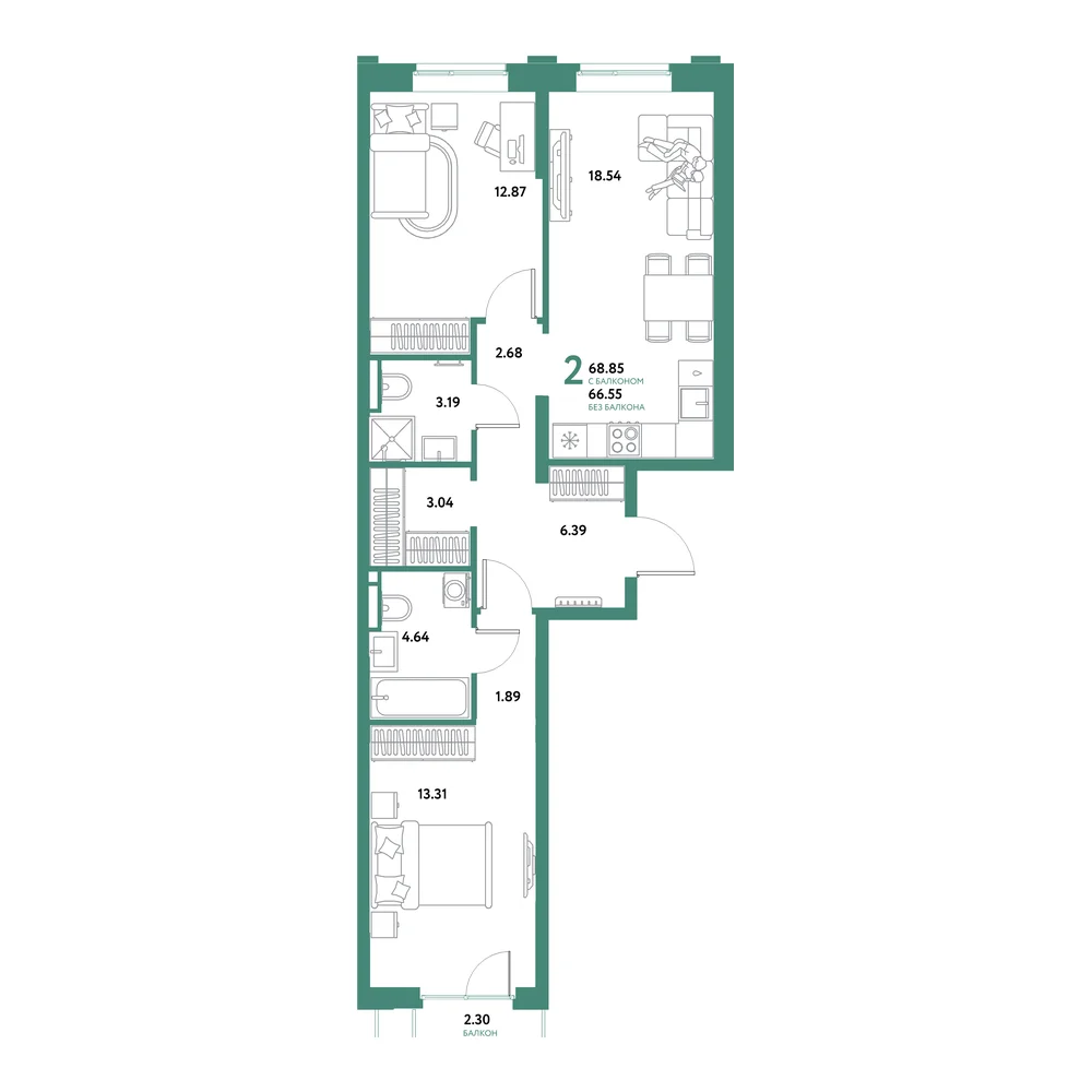Планировка: Остров-сад 2-комнатная 68,85м²