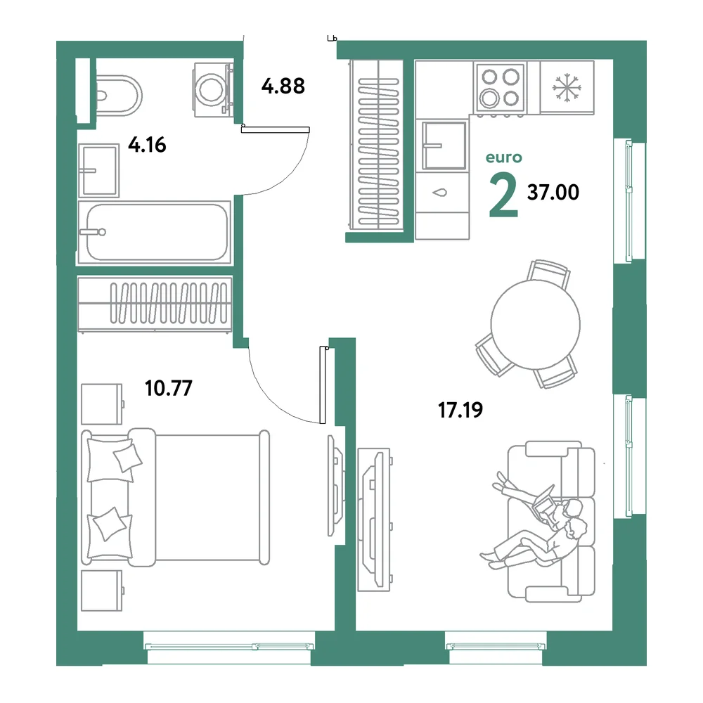 Планировка: Остров-сад 2-комнатная 37,00м²