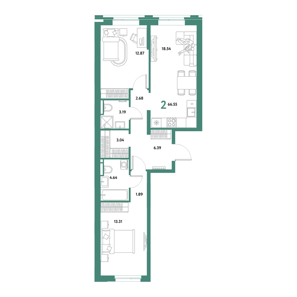 Планировка: Остров-сад 2-комнатная 66,55м²