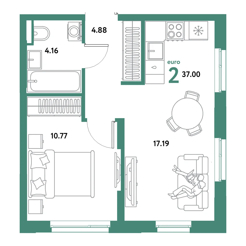 Планировка: Остров-сад 2-комнатная 37,00м²