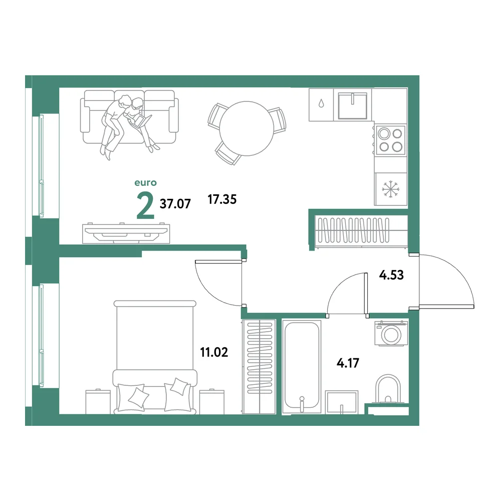 Планировка: Остров-сад 2-комнатная 37,07м²