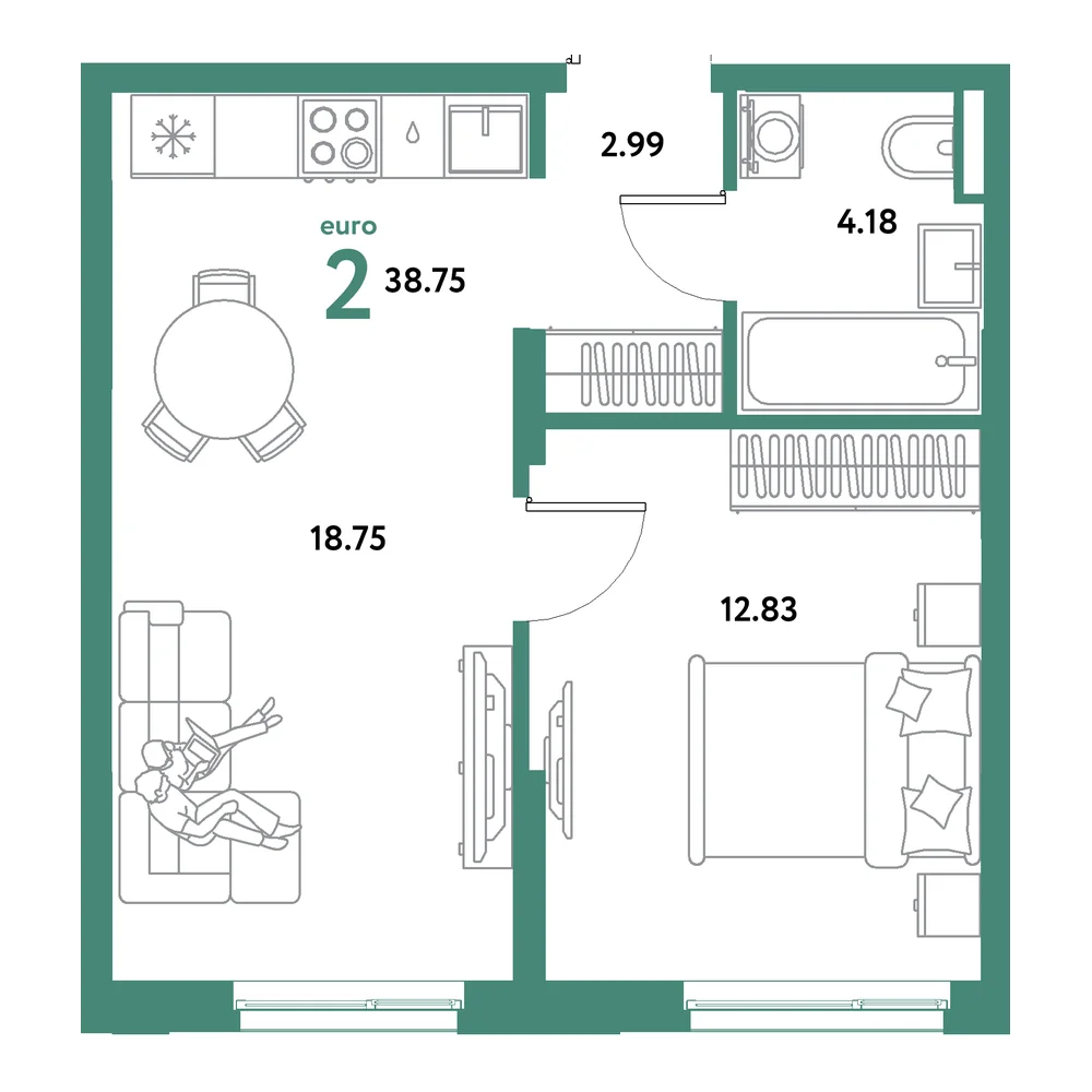 Планировка: Остров-сад 2-комнатная 38,75м²