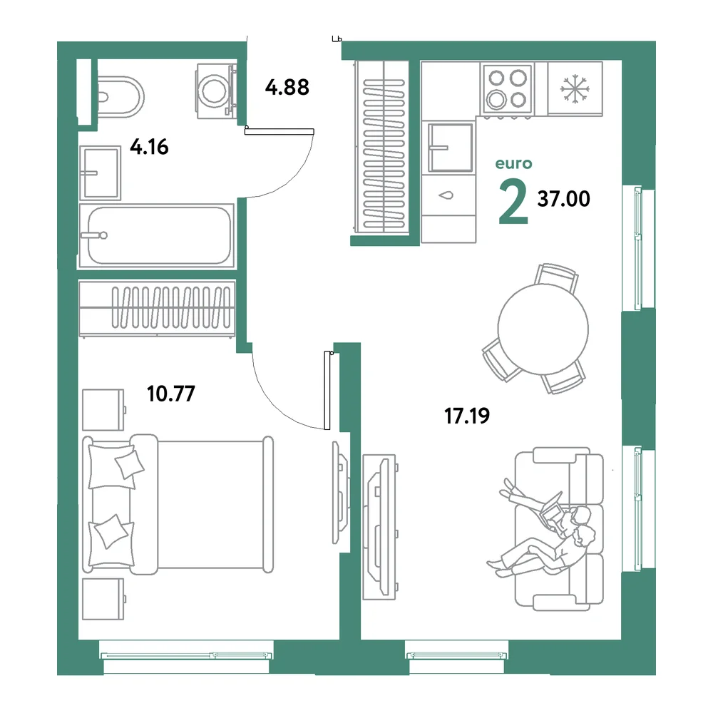 Планировка: Остров-сад 2-комнатная 37,00м²