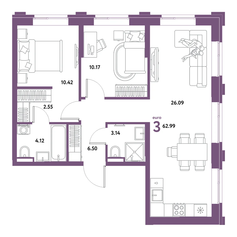 Планировка: Остров-сад 3-комнатная 62,99м²