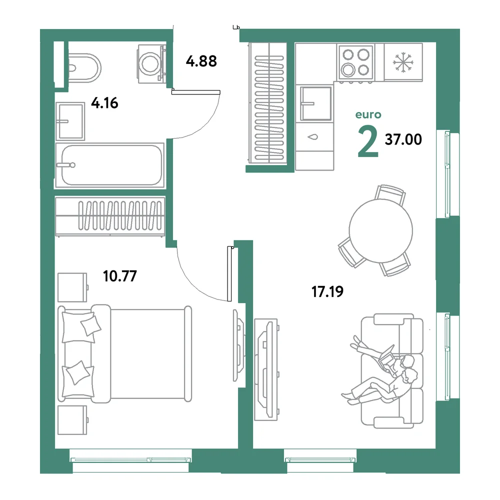 Планировка: Остров-сад 2-комнатная 37,00м²