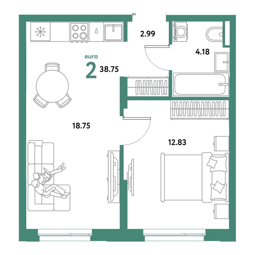 Планировка: Остров-сад 2-комнатная 38,75м²