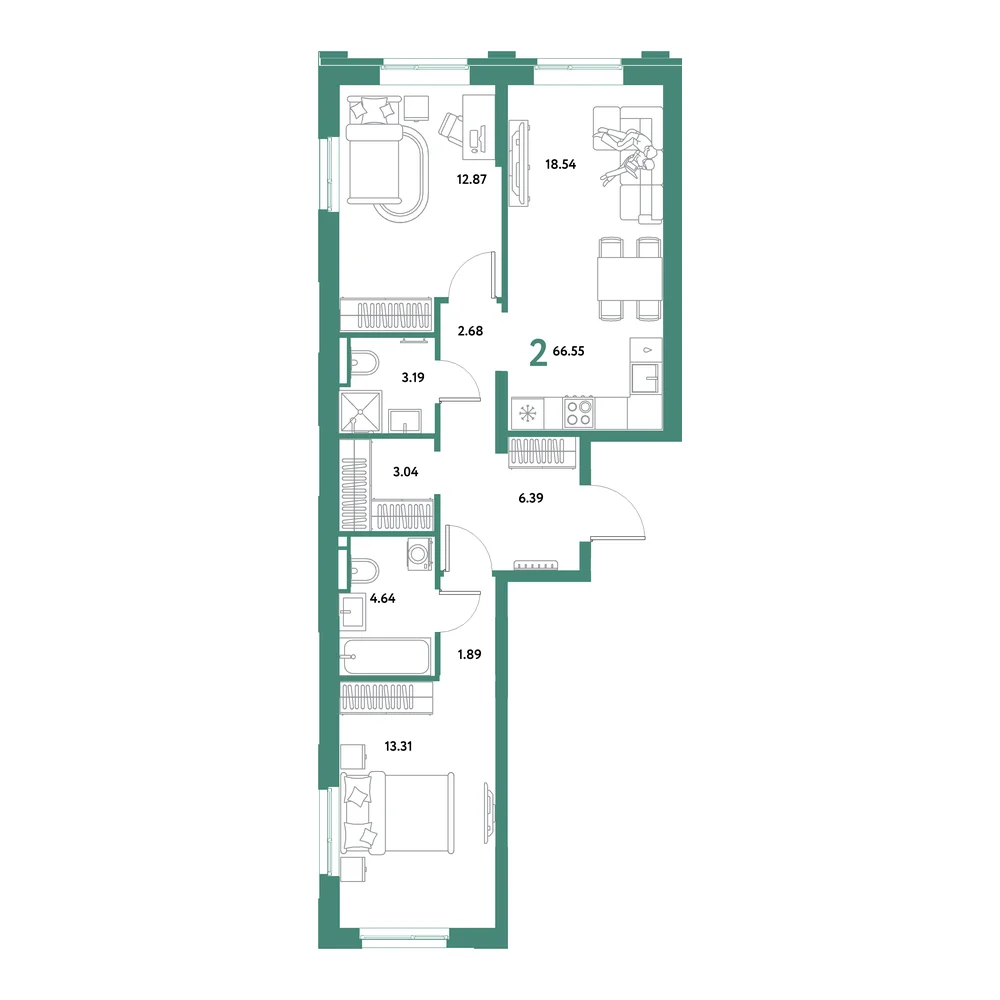 Планировка: Остров-сад 2-комнатная 66,55м²