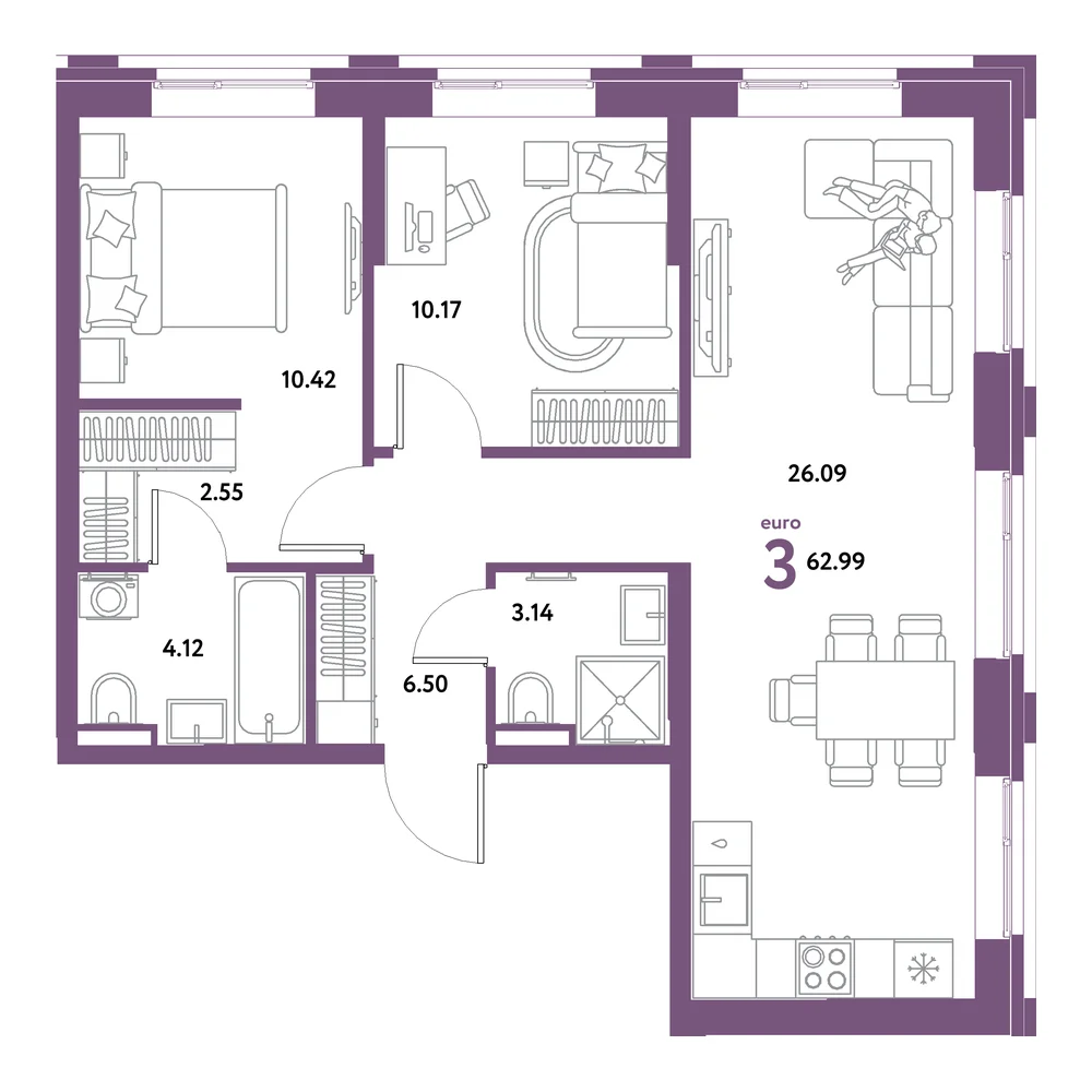 Планировка: Остров-сад 3-комнатная 62,99м²