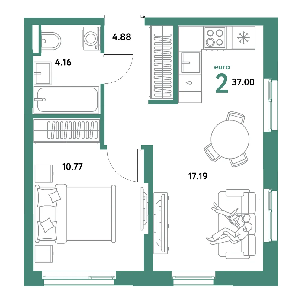 Планировка: Остров-сад 2-комнатная 37,00м²