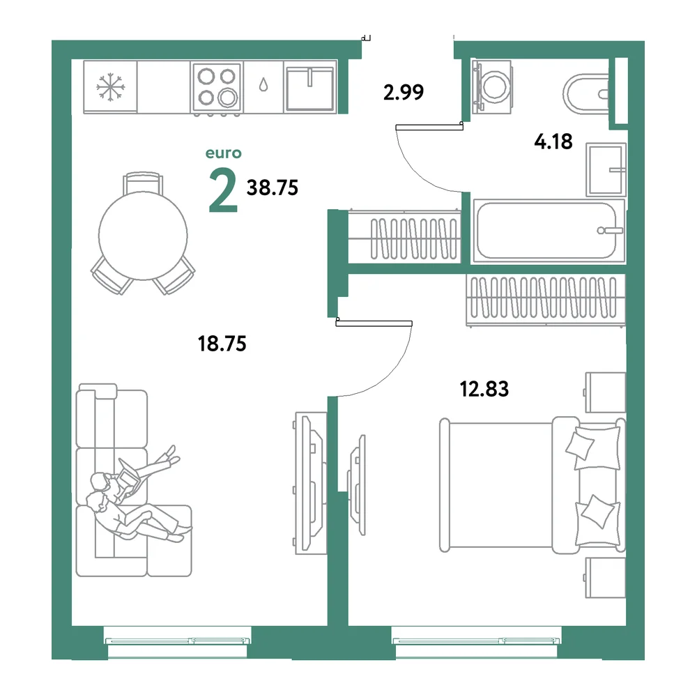 Планировка: Остров-сад 2-комнатная 38,75м²