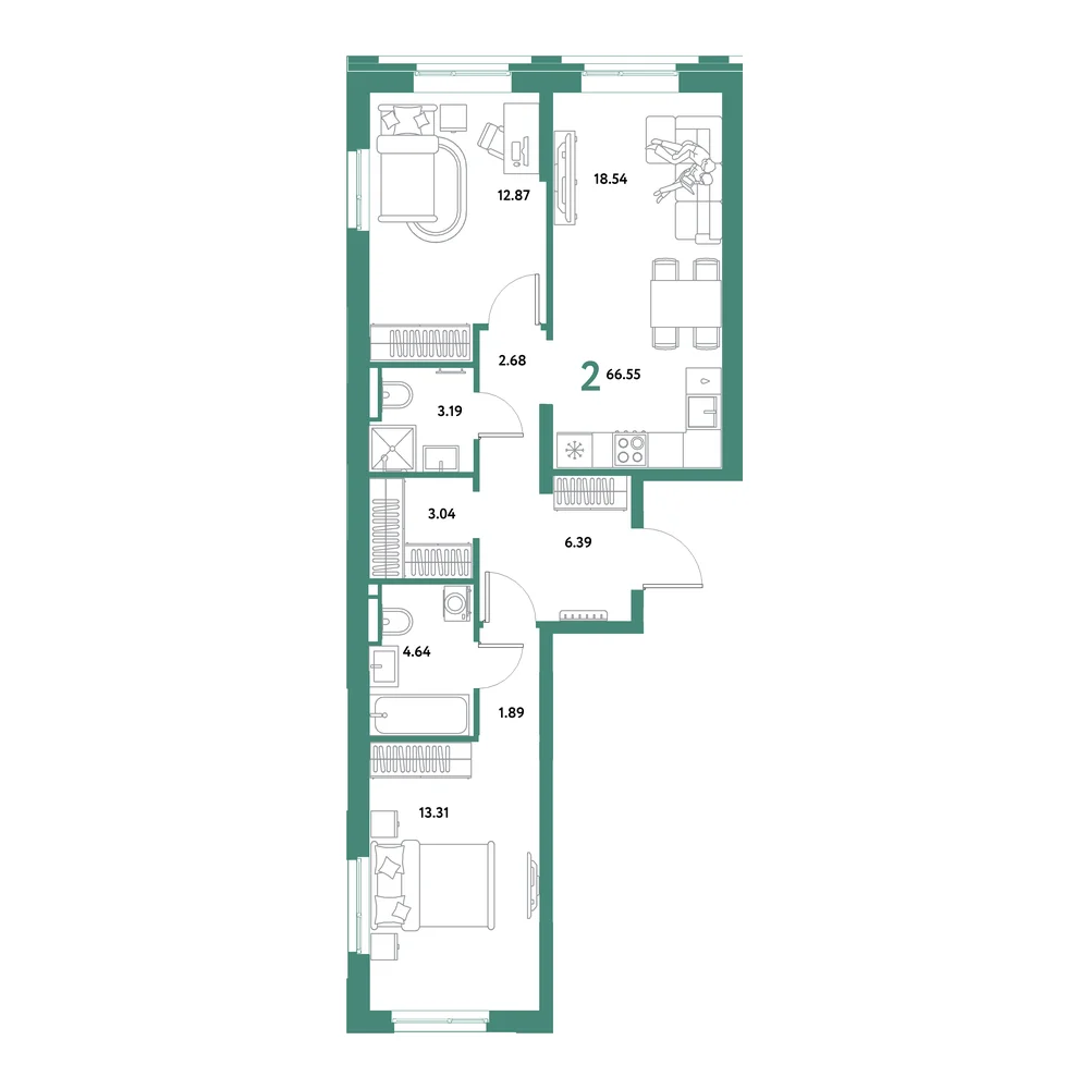 Планировка: Остров-сад 2-комнатная 66,55м²