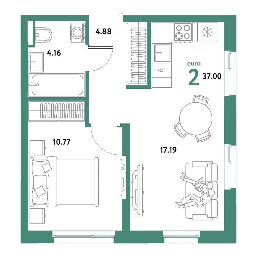 Планировка: Остров-сад 2-комнатная 37,00м²