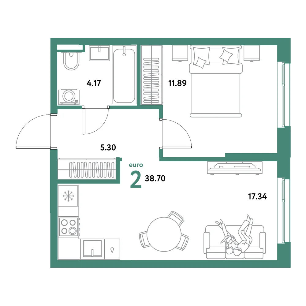 Планировка: Остров-сад 2-комнатная 38,70м²