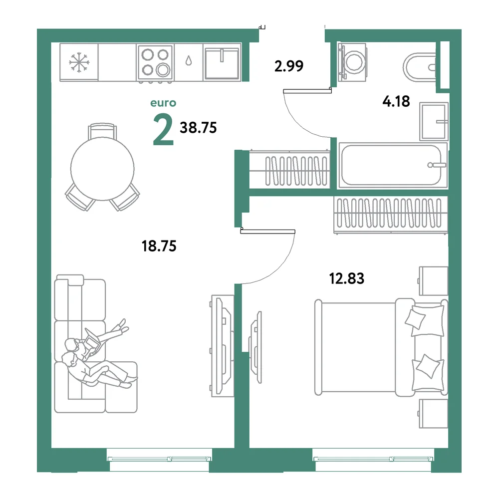 Планировка: Остров-сад 2-комнатная 38,75м²