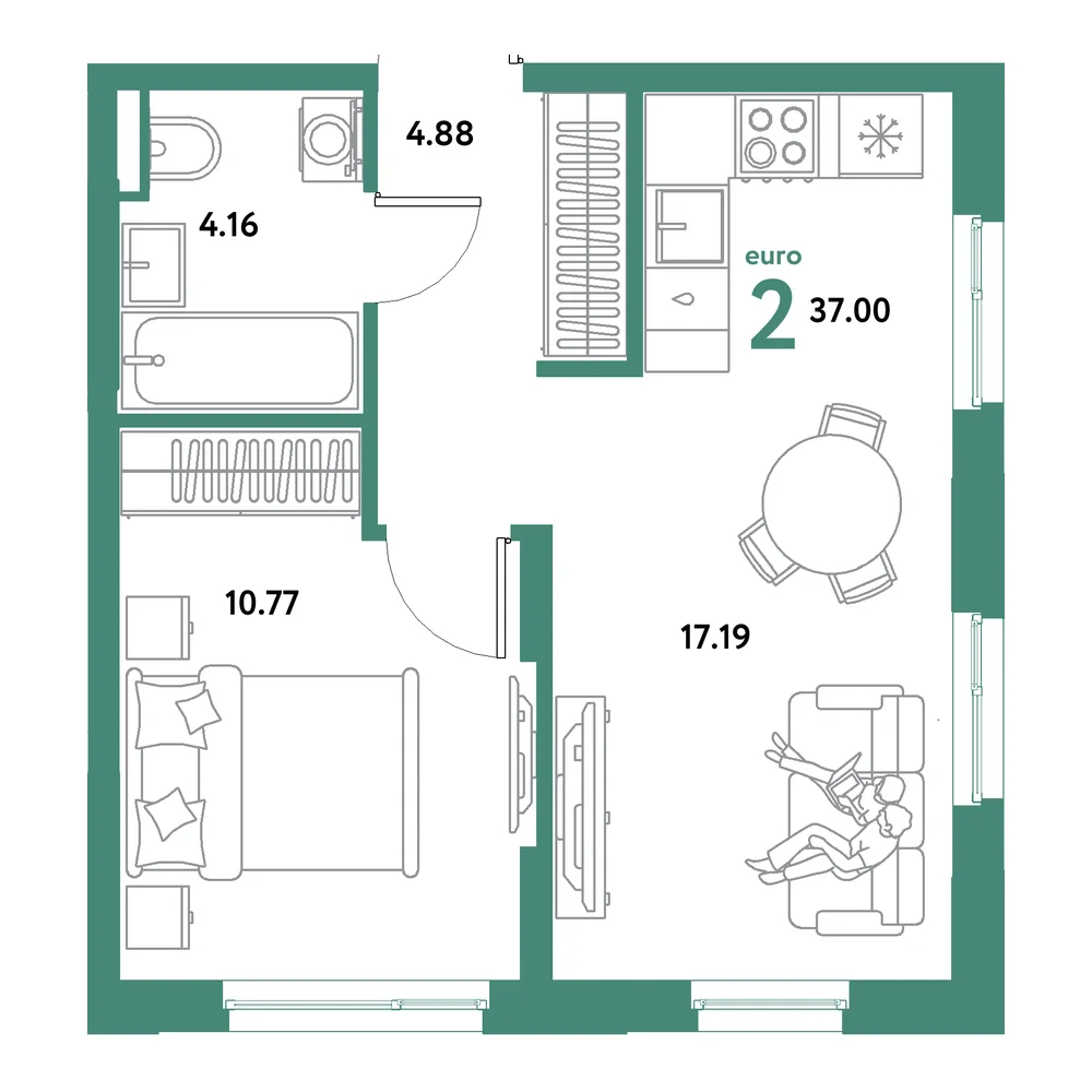 Планировка: Остров-сад 2-комнатная 37,00м²