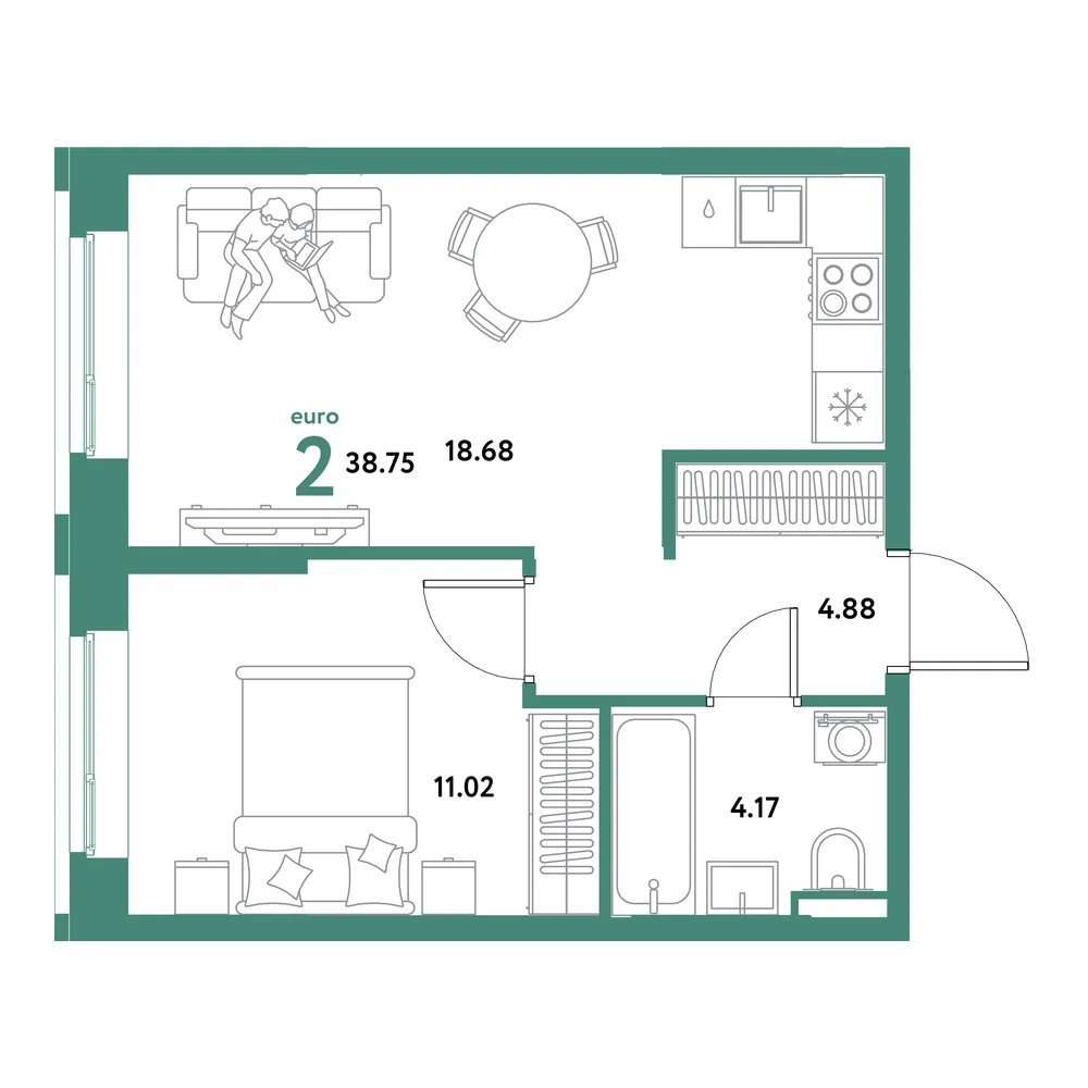 Планировка: Остров-сад 2-комнатная 38,75м²