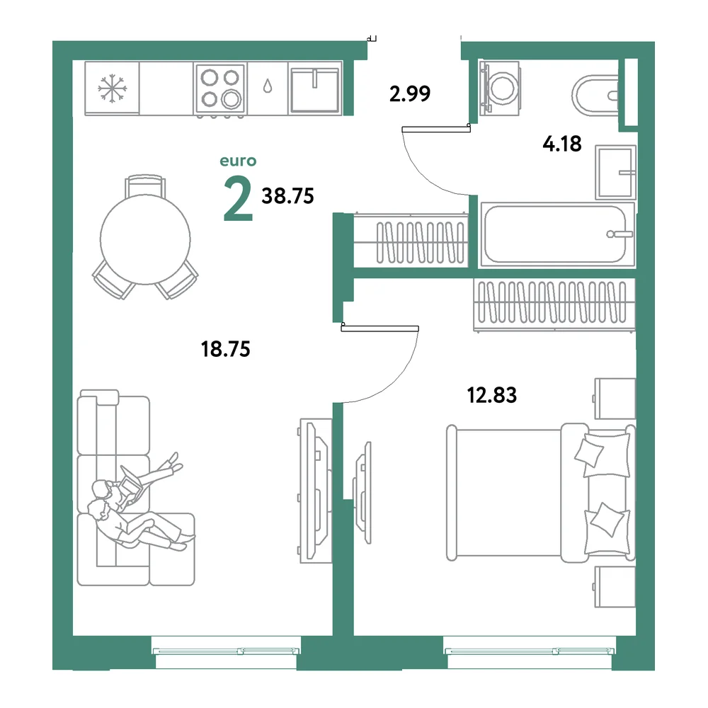 Планировка: Остров-сад 2-комнатная 38,75м²