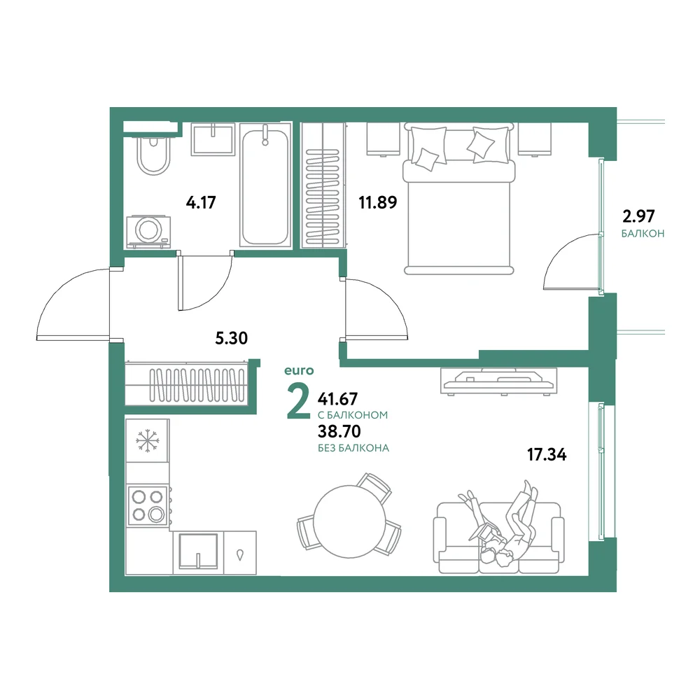 Планировка: Остров-сад 2-комнатная 41,67м²