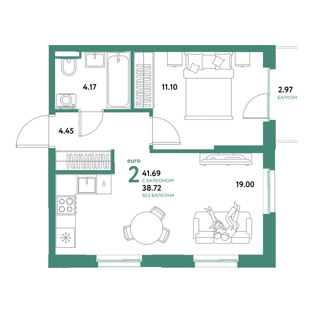 Планировка: Остров-сад 2-комнатная 41,69м²