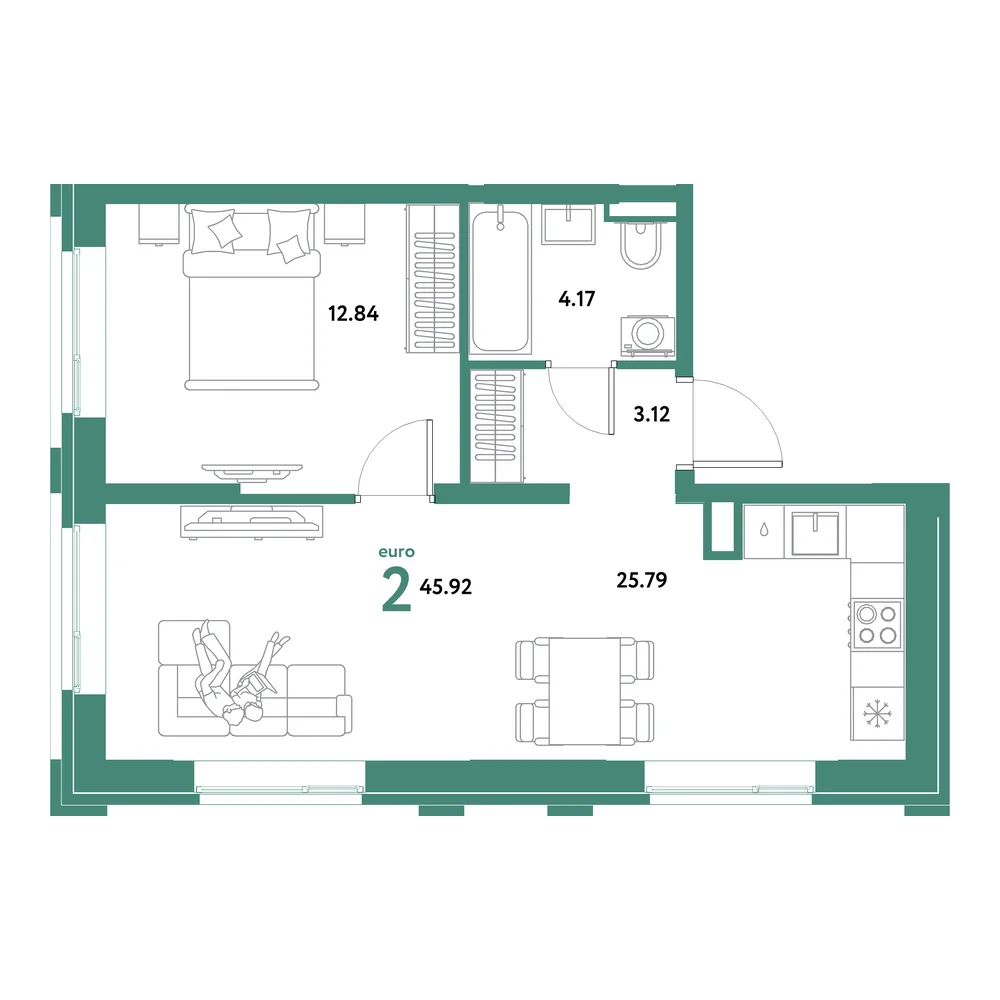 Планировка: Остров-сад 2-комнатная 45,92м²