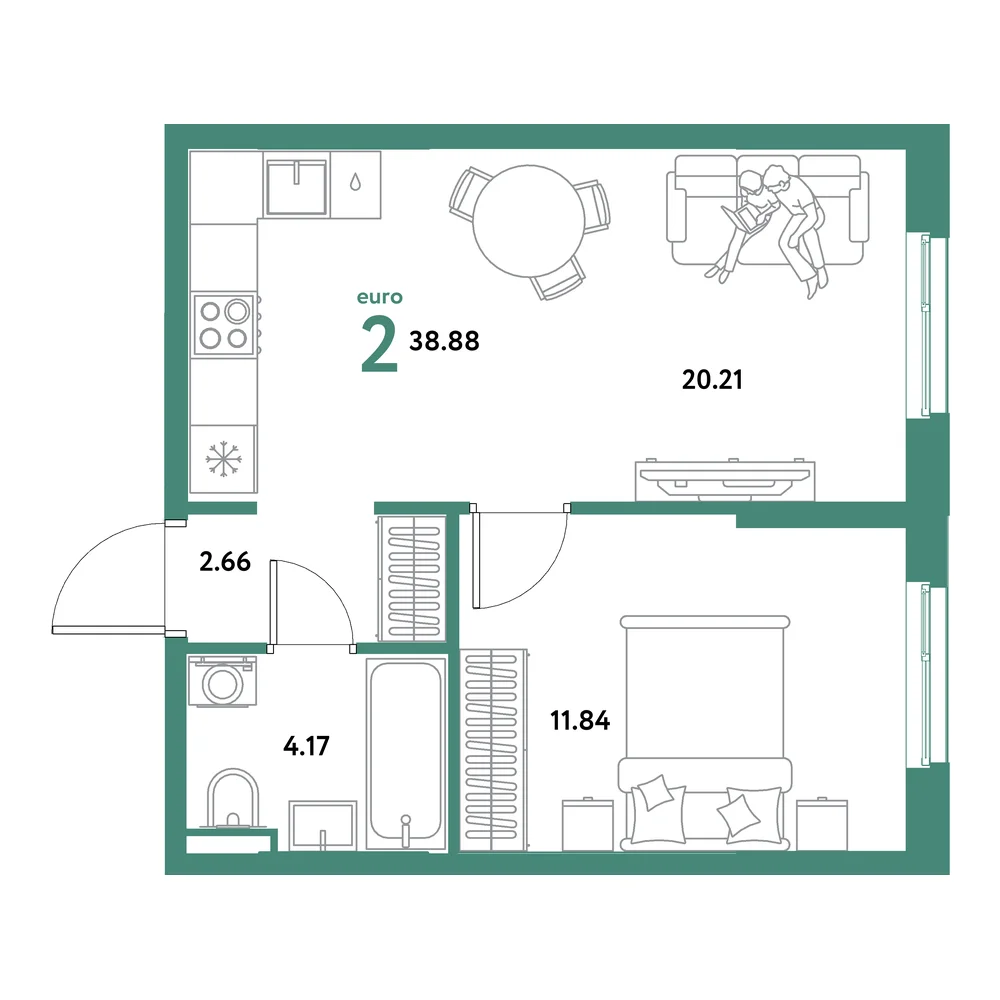 Планировка: Остров-сад 2-комнатная 38,88м²