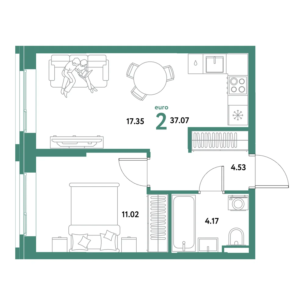Планировка: Остров-сад 2-комнатная 37,07м²