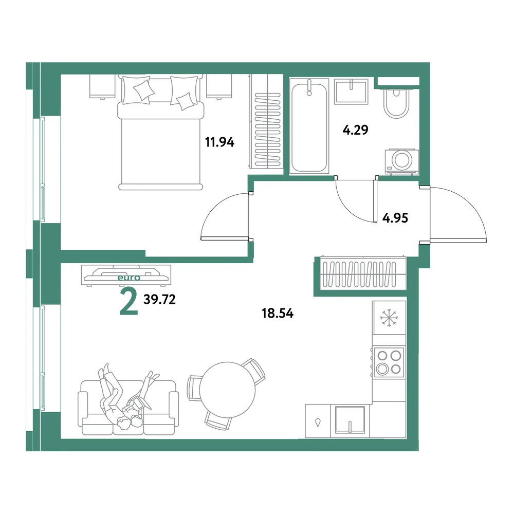 Планировка: Остров-сад 2-комнатная 39,72м²