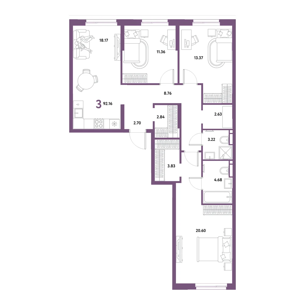Планировка: Остров-сад 3-комнатная 92,16м²