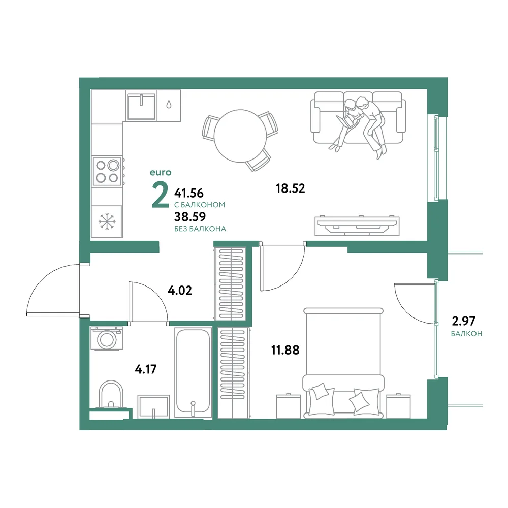 Планировка: Остров-сад 2-комнатная 41,56м²