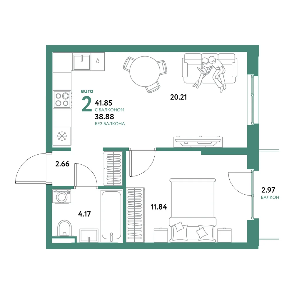 Планировка: Остров-сад 2-комнатная 41,85м²