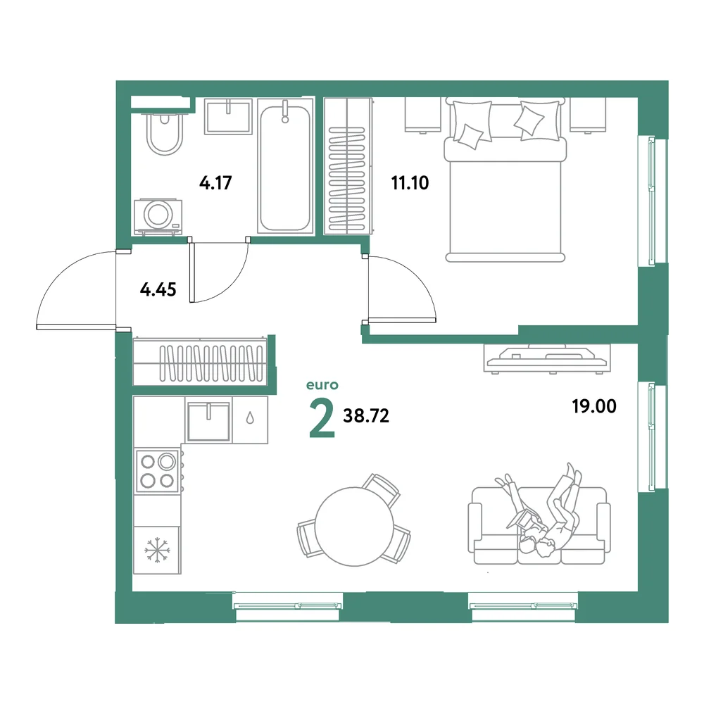 Планировка: Остров-сад 2-комнатная 38,72м²
