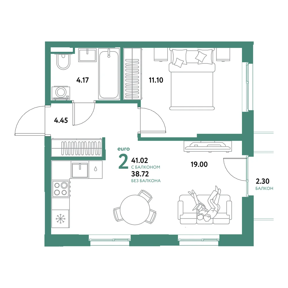 Планировка: Остров-сад 2-комнатная 41,02м²