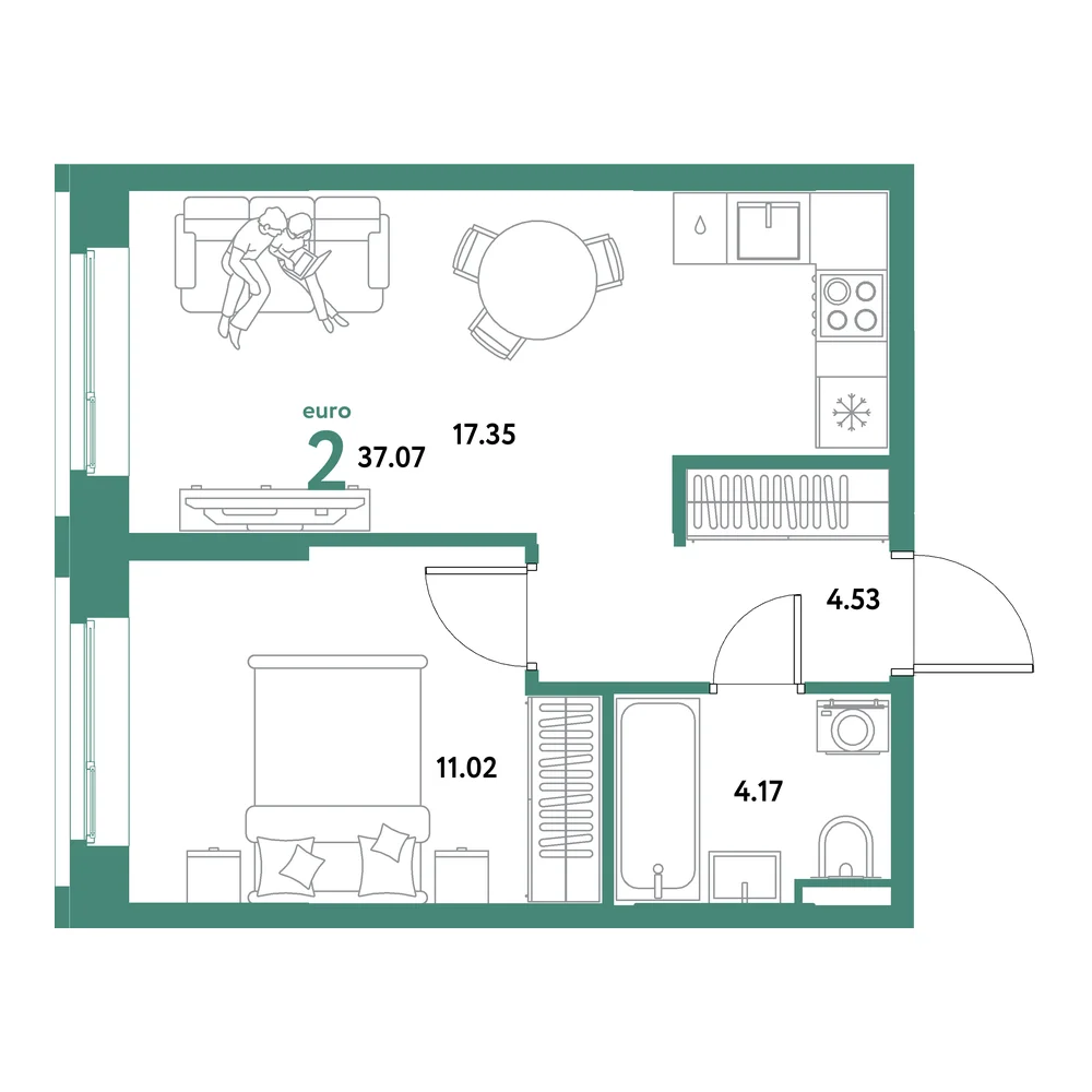 Планировка: Остров-сад 2-комнатная 37,07м²