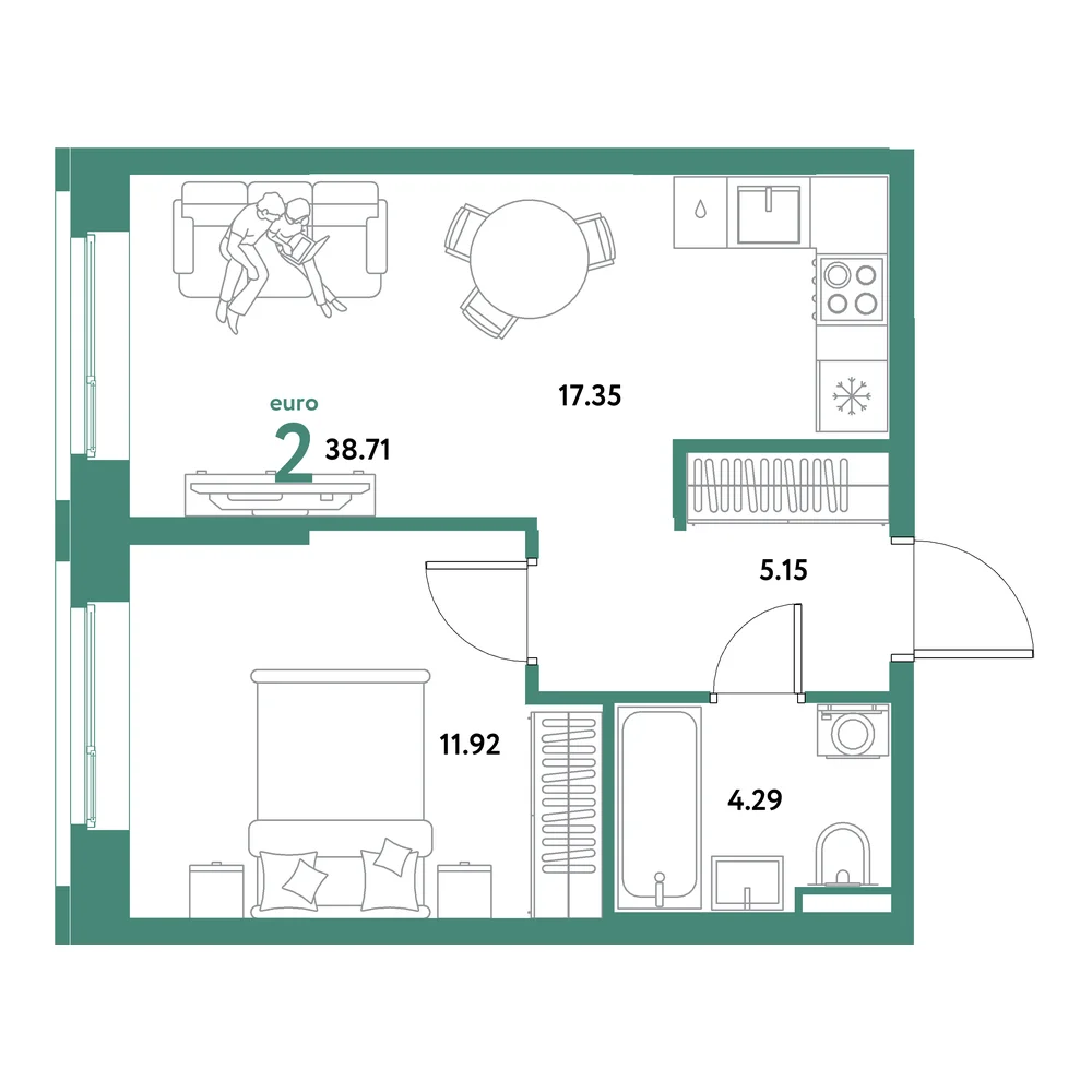 Планировка: Остров-сад 2-комнатная 38,71м²