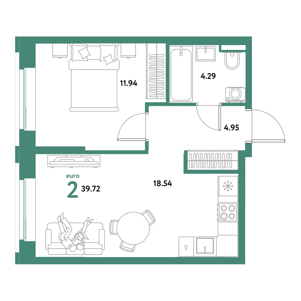 Планировка: Остров-сад 2-комнатная 39,72м²