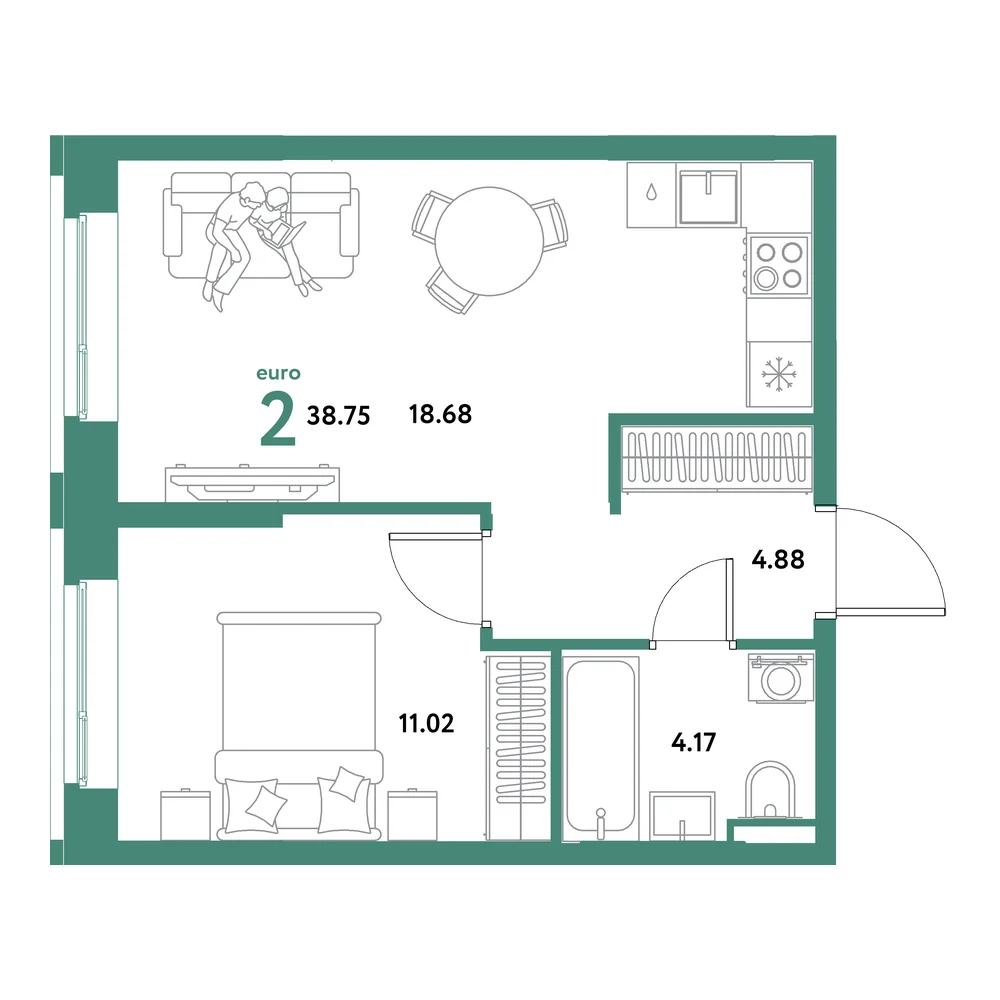 Планировка: Остров-сад 2-комнатная 38,75м²