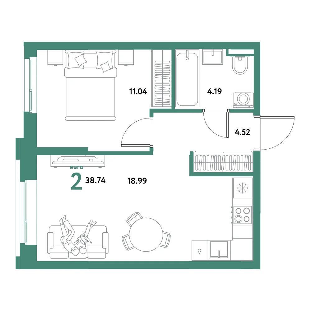 Планировка: Остров-сад 2-комнатная 38,74м²