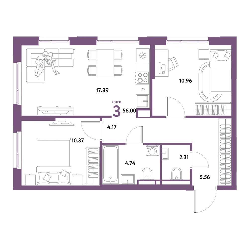 Планировка: Остров-сад 3-комнатная 56,00м²