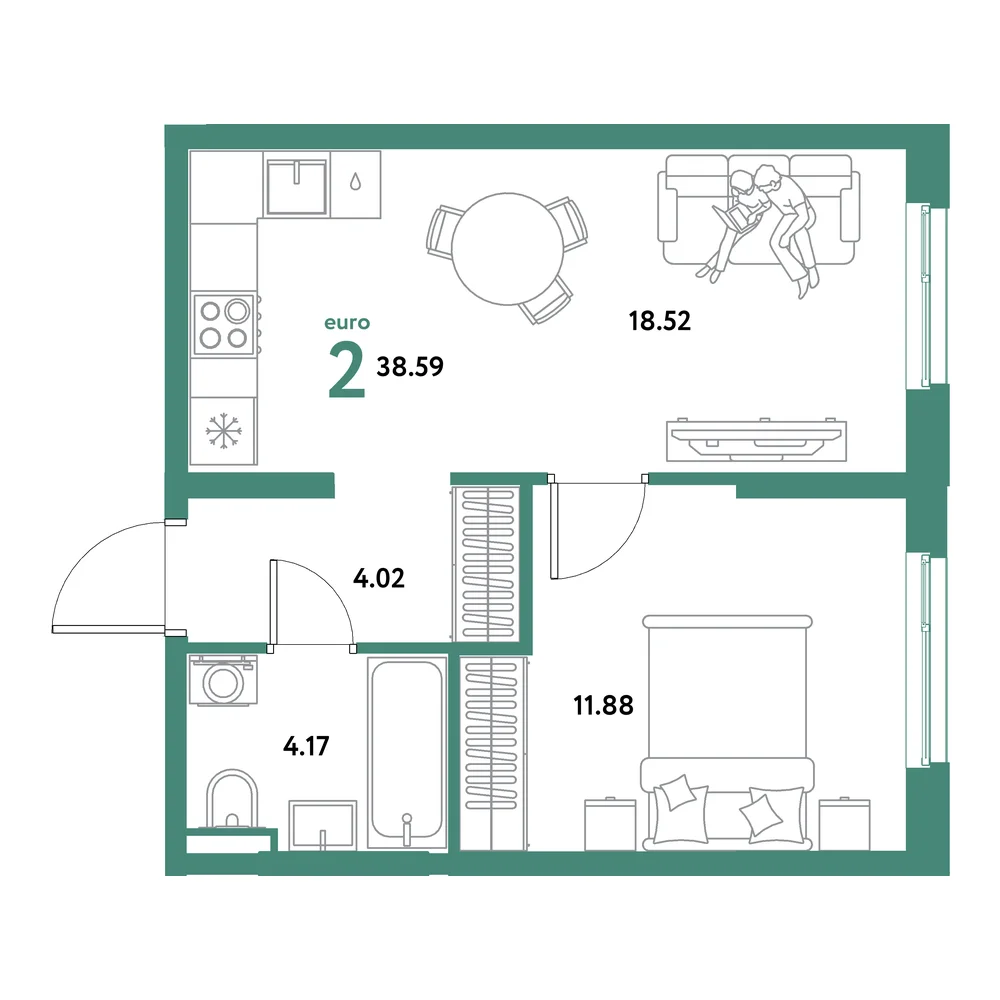 Планировка: Остров-сад 2-комнатная 38,59м²