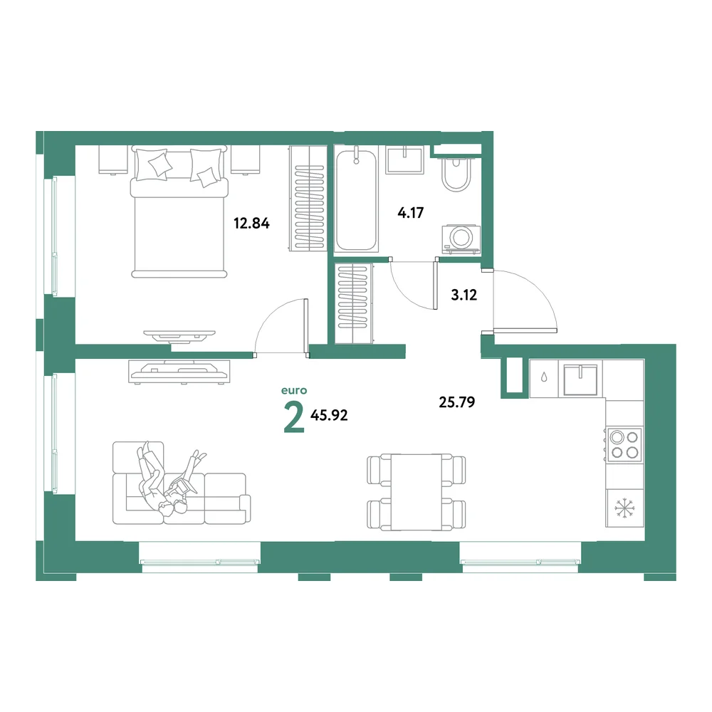 Планировка: Остров-сад 2-комнатная 45,92м²