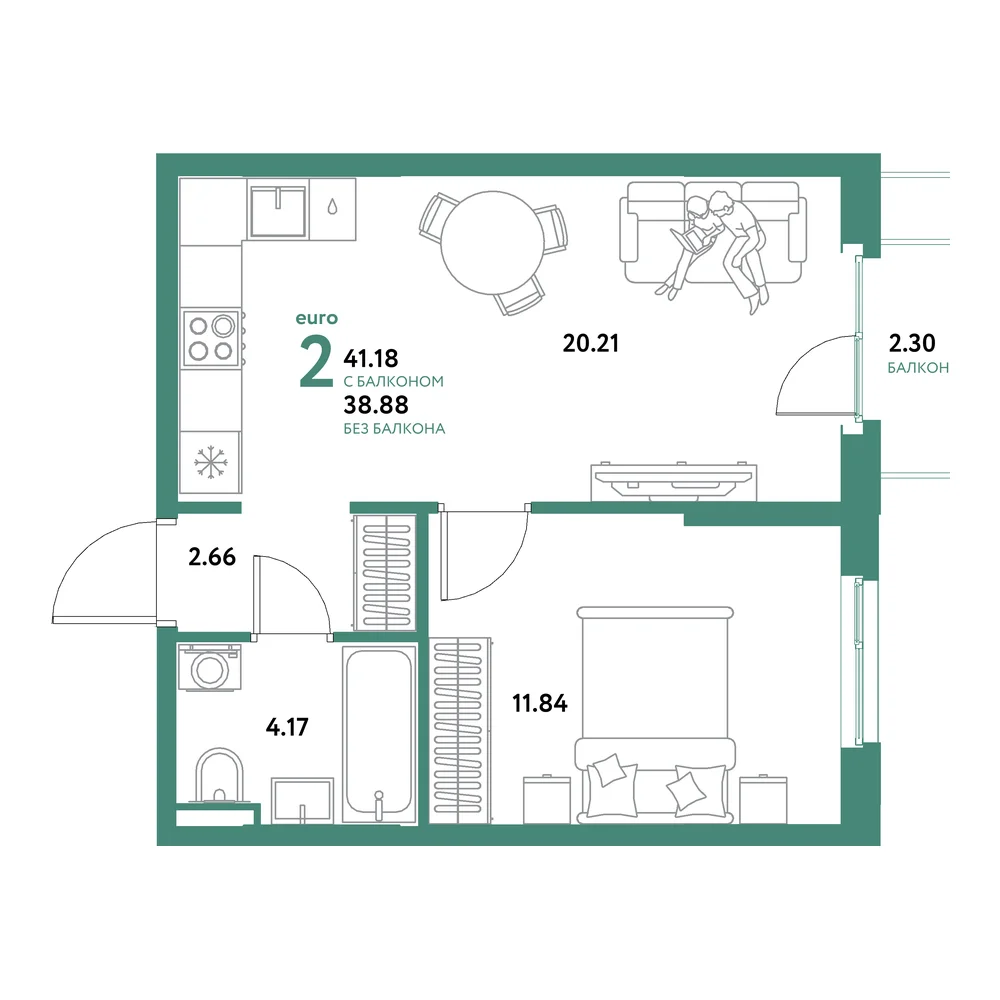 Планировка: Остров-сад 2-комнатная 41,18м²