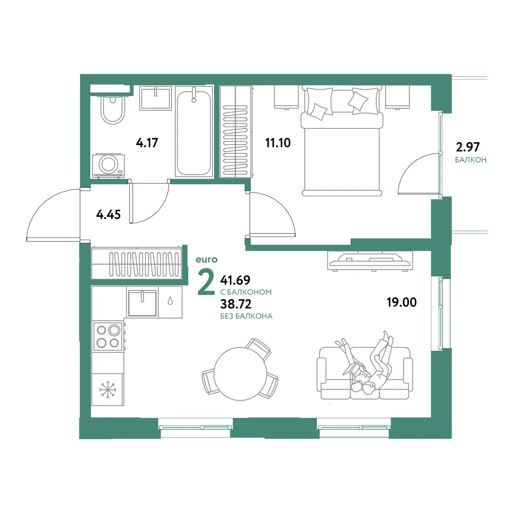 Планировка: Остров-сад 2-комнатная 41,69м²