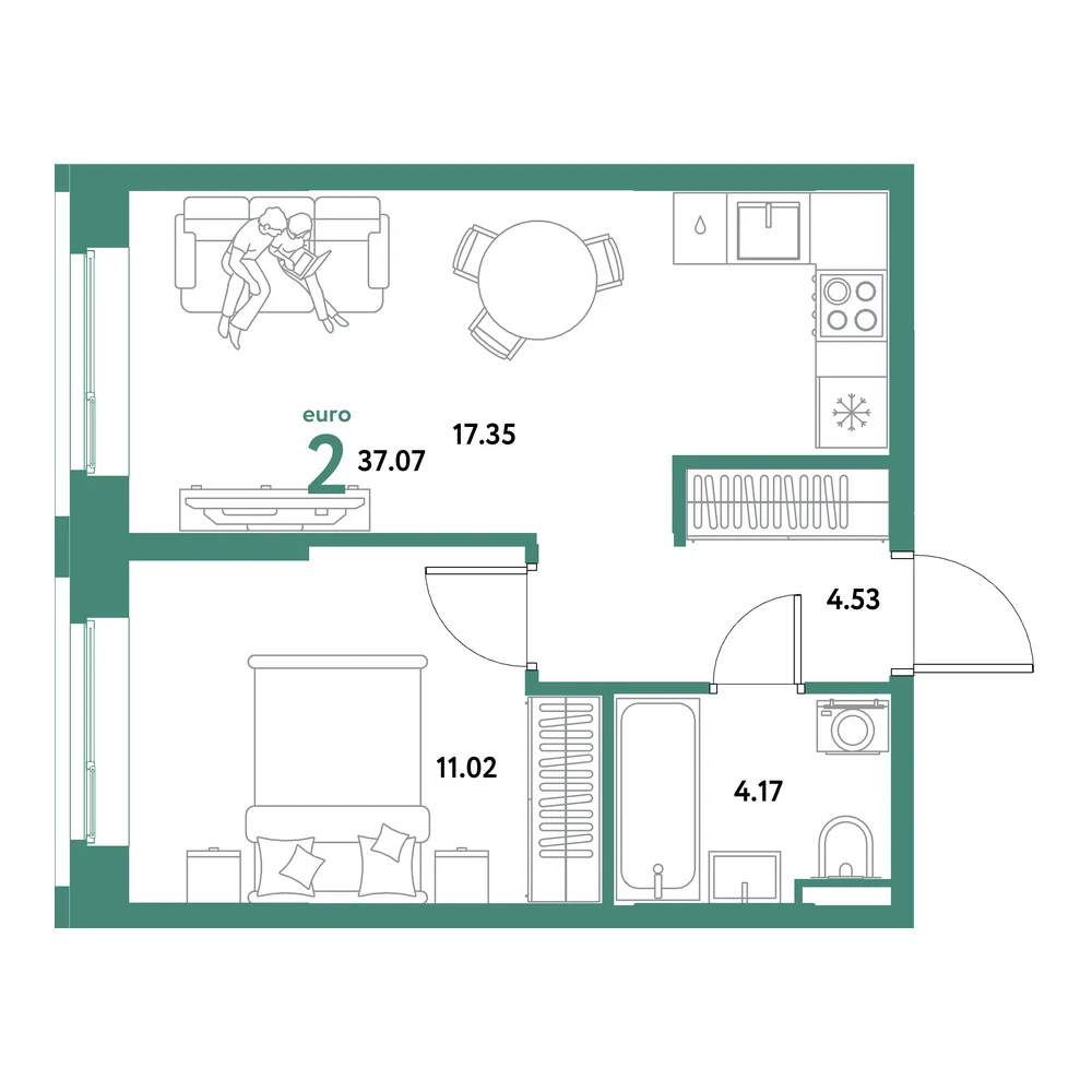 Планировка: Остров-сад 2-комнатная 37,07м²