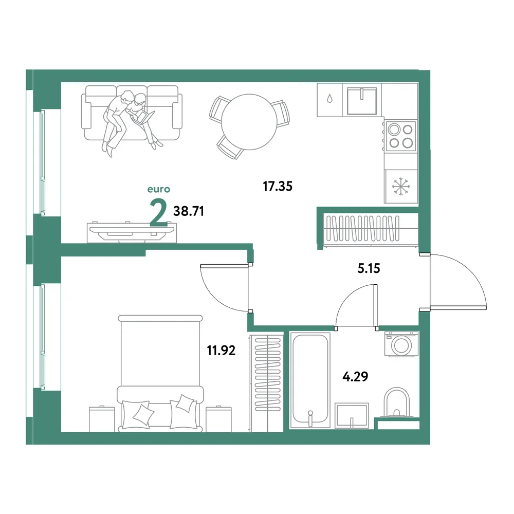 Планировка: Остров-сад 2-комнатная 38,71м²