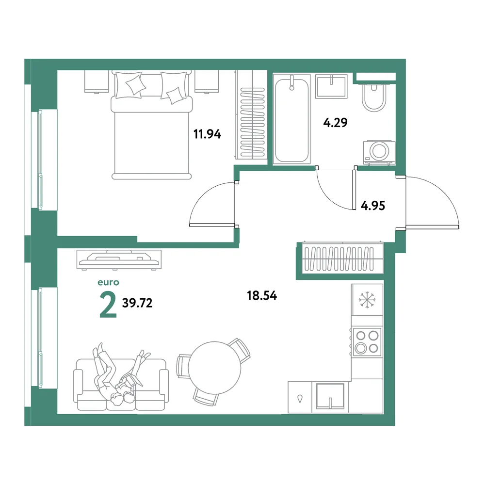 Планировка: Остров-сад 2-комнатная 39,72м²