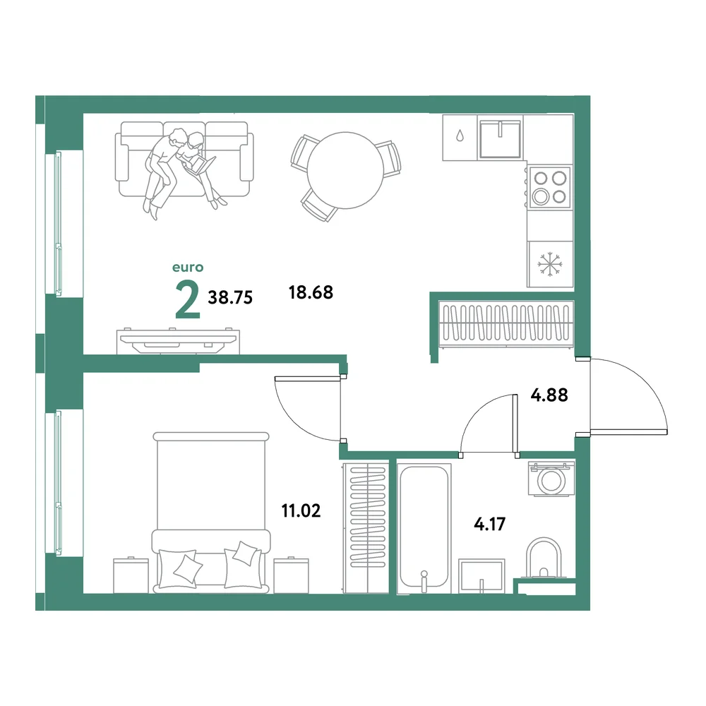 Планировка: Остров-сад 2-комнатная 38,75м²