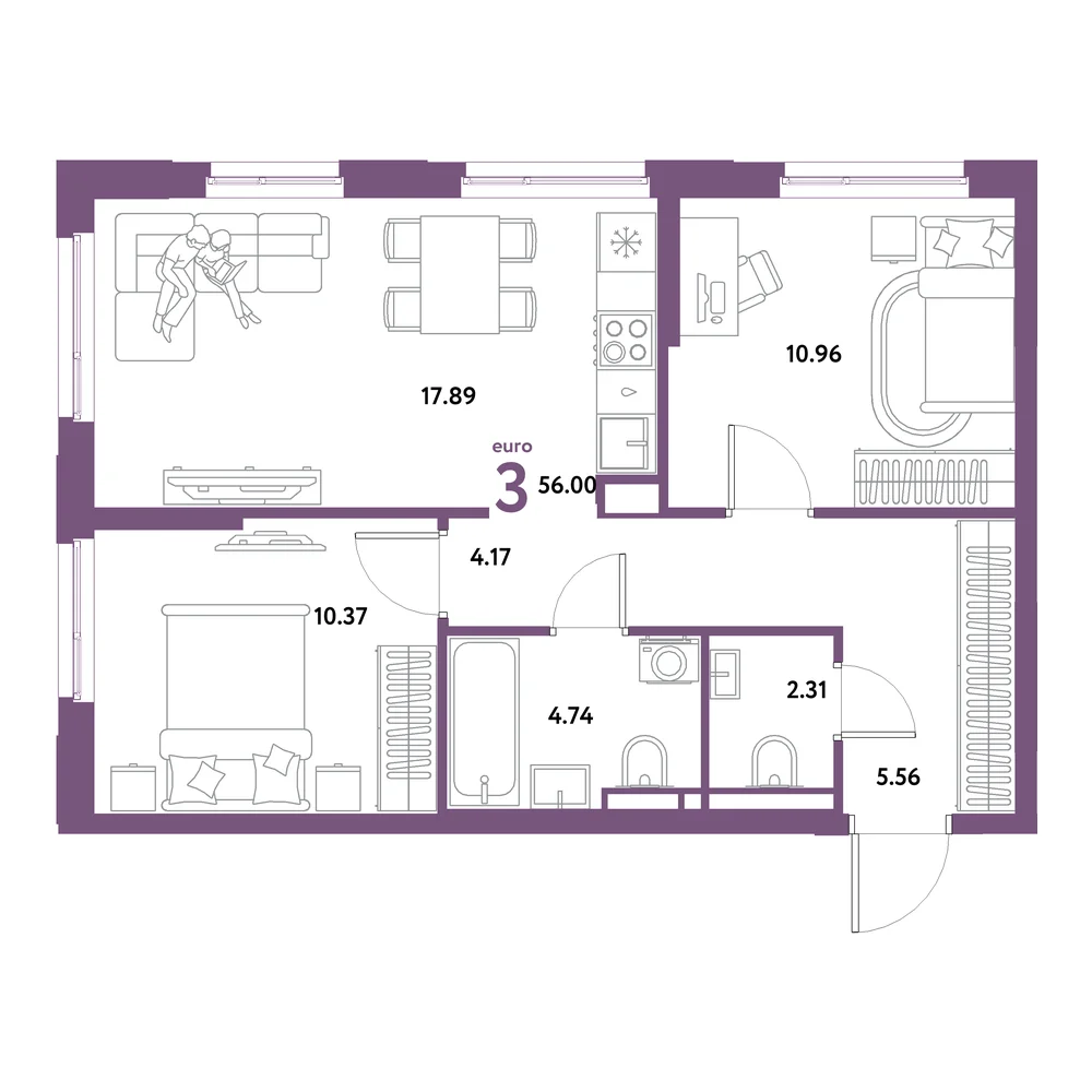 Планировка: Остров-сад 3-комнатная 56,00м²