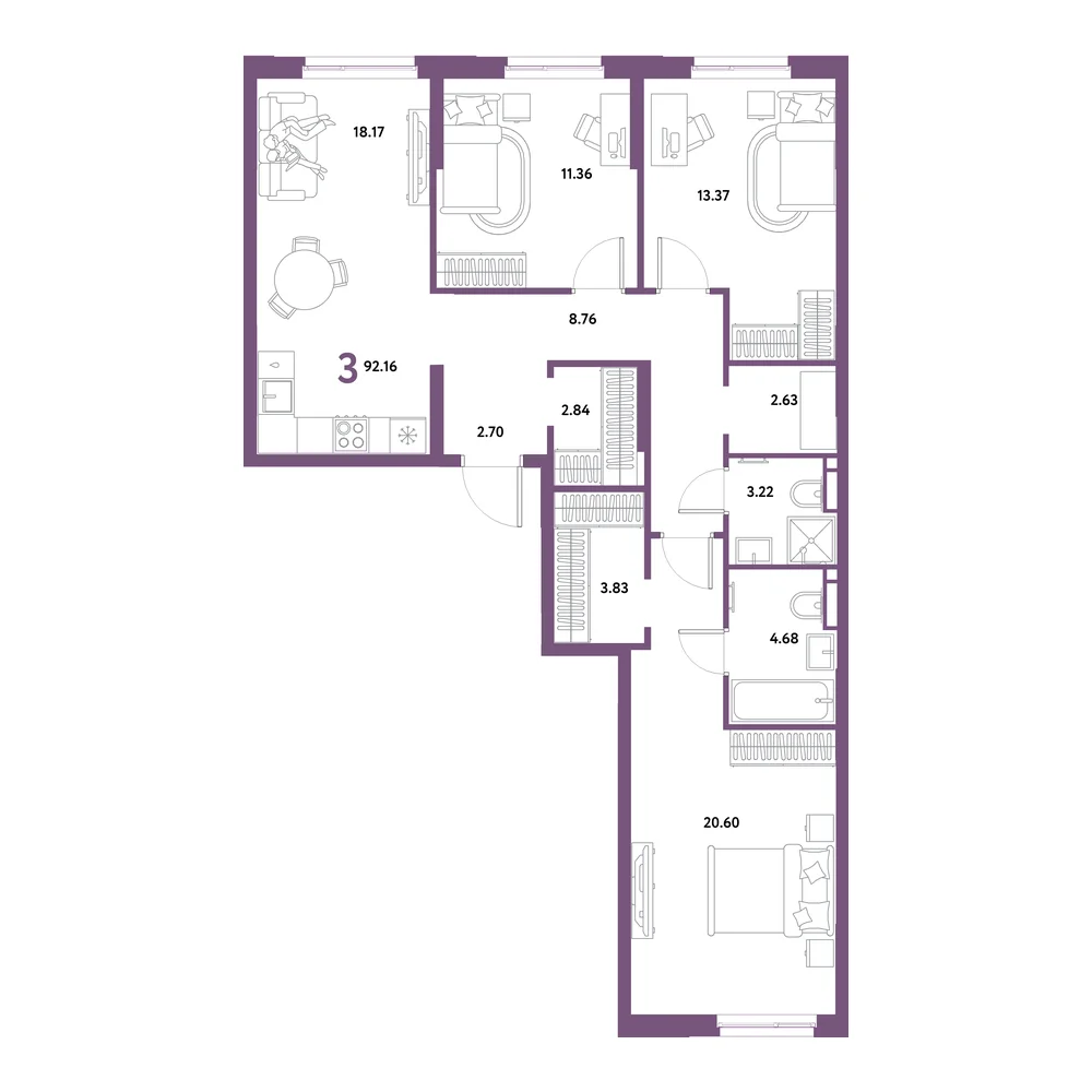 Планировка: Остров-сад 3-комнатная 92,16м²